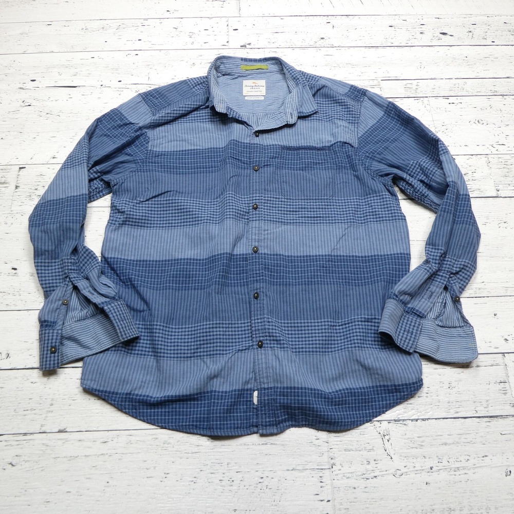 Tommy Bahama Jeans Island Crafted Shirt Mens XL Blue Stripe Modern Fit Cotton